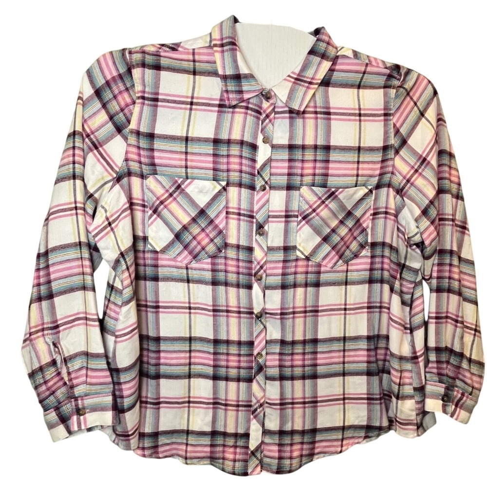 Maurices Womens 2X Soft Plaidโ Button Down Pink Teal Rayon Blend Long Sleeve